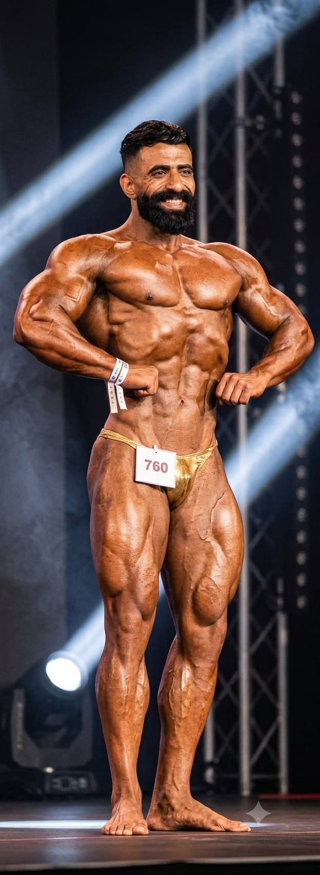 Coach posing on stage at a competition